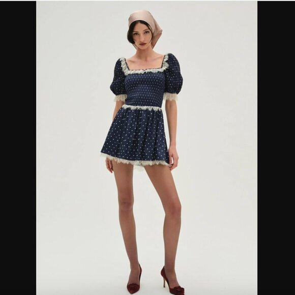 For Love & Lemons Ines Navy Blue & White Polka Dot Lace Trim Mini Dress S NWT - Picture 4 of 8